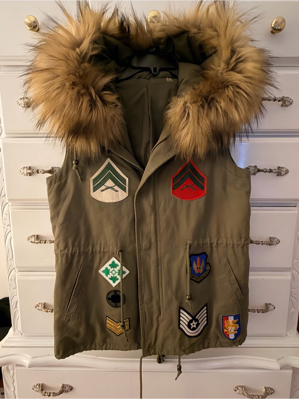 Bagatelle Olive Green Utility Cargo Vest with Faux fur Hood and Military patches